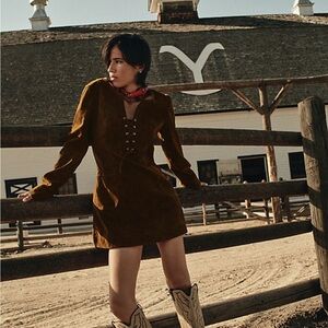 Free People Brown Cognac Western Suede Lace-Up Dress |